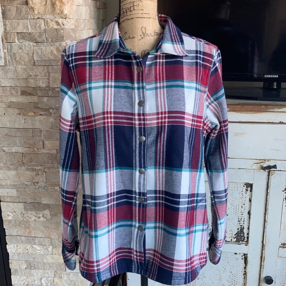 Orvis long sleeve snap closure fleece lined navy red white green shacket flannel